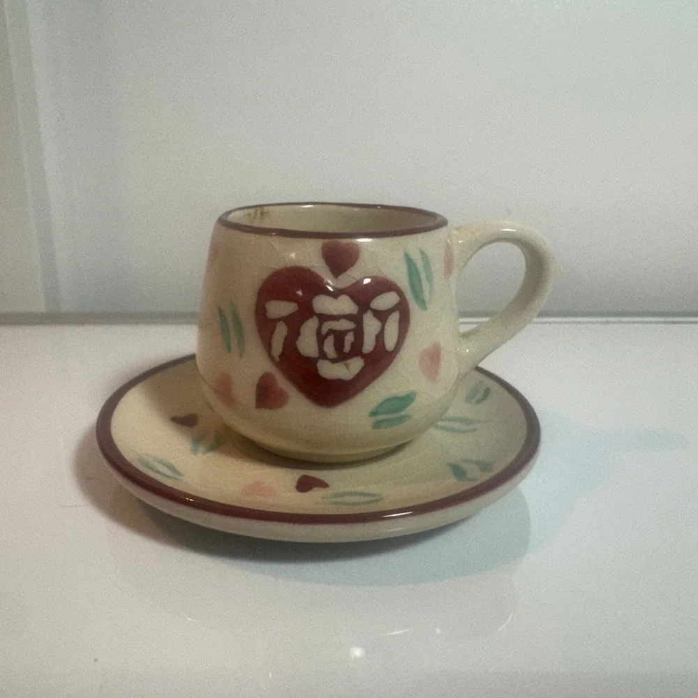 Mini Espresso Cup and Saucer Set Cracked Glaze Heart Rose‎ Design